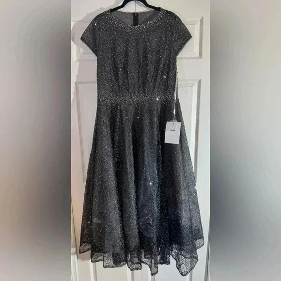 MAC DUGGAL Gray Embellished Cap Sleeve A Line Dress Style 20371 NWT - Picture 4 of 7